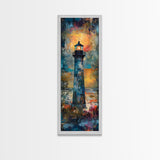 Lighthouse Glow, Moody Seascape, Nautical Painting, Coastal Decor, Sunset Wall Art, Framed Canvas Print, Bedroom Art