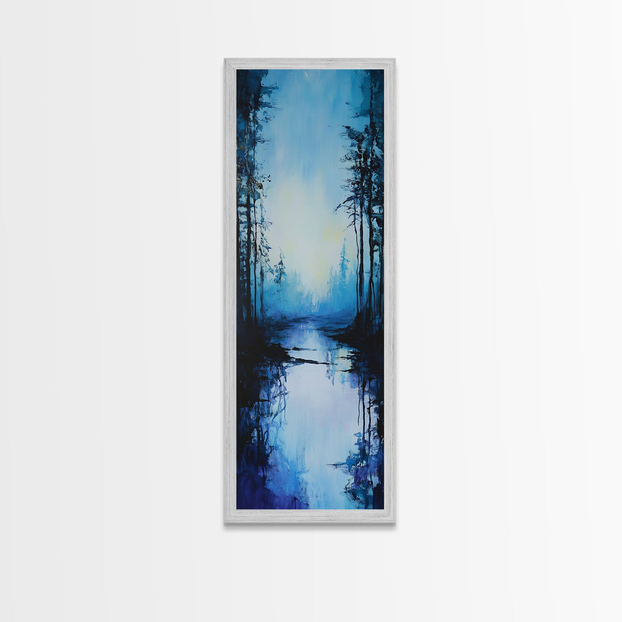 Misty Lake, Dark Forest, Moody Art, Landscape Painting, Minimalist Art, Blue and Green Wall Art, Framed Canvas Print, Vertical Wall Art