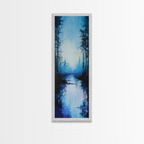 Misty Lake, Dark Forest, Moody Art, Landscape Painting, Minimalist Art, Blue and Green Wall Art, Framed Canvas Print, Vertical Wall Art