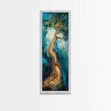 Twisting Tree, oak tree art, nature painting, forest at dusk painting, textured wall art, Framed Canvas Print, vertical wall art