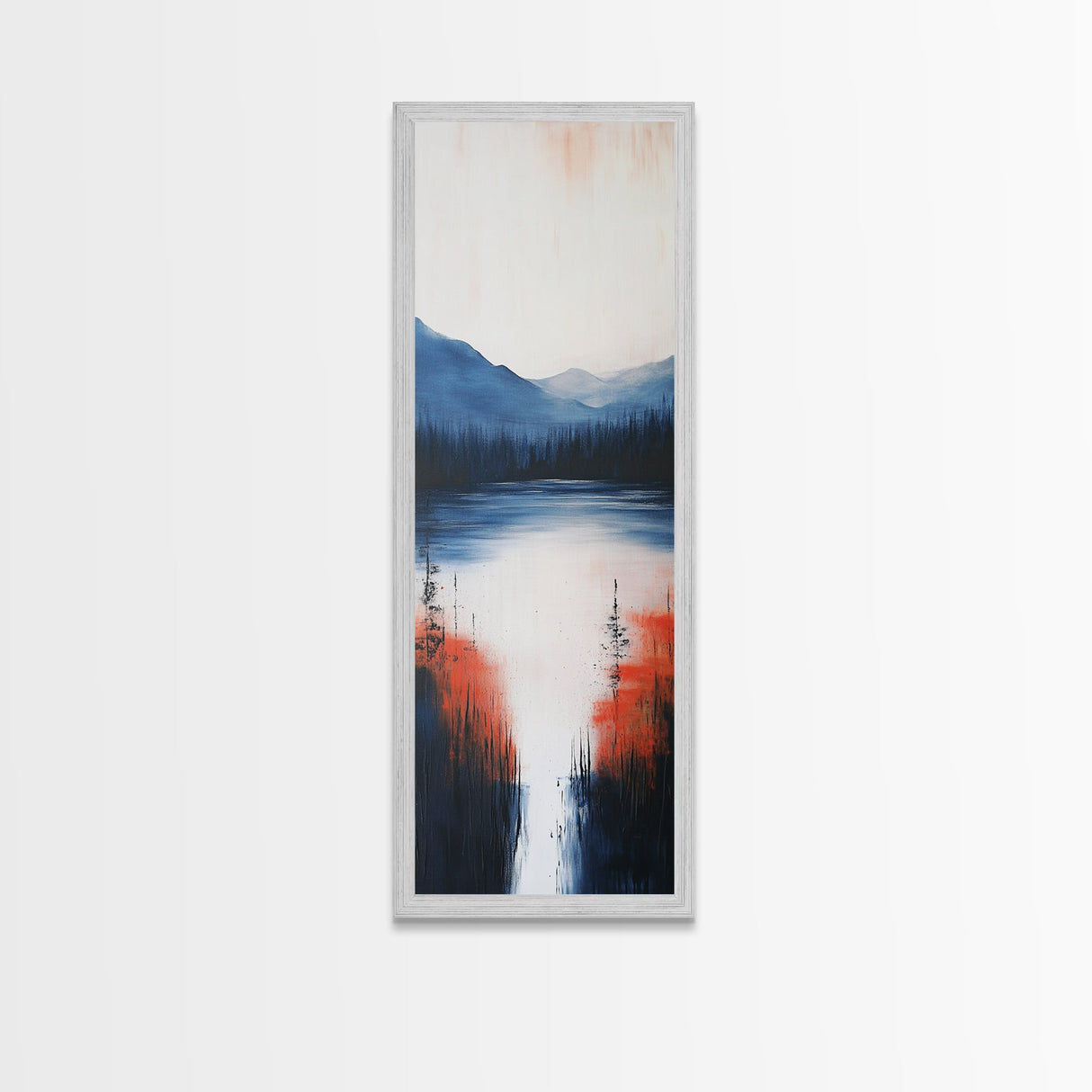 Misty Lake, smoky mountain art, landscape painting, wabi sabi wall art, moody art, blue and green wall art, Framed Canvas Print