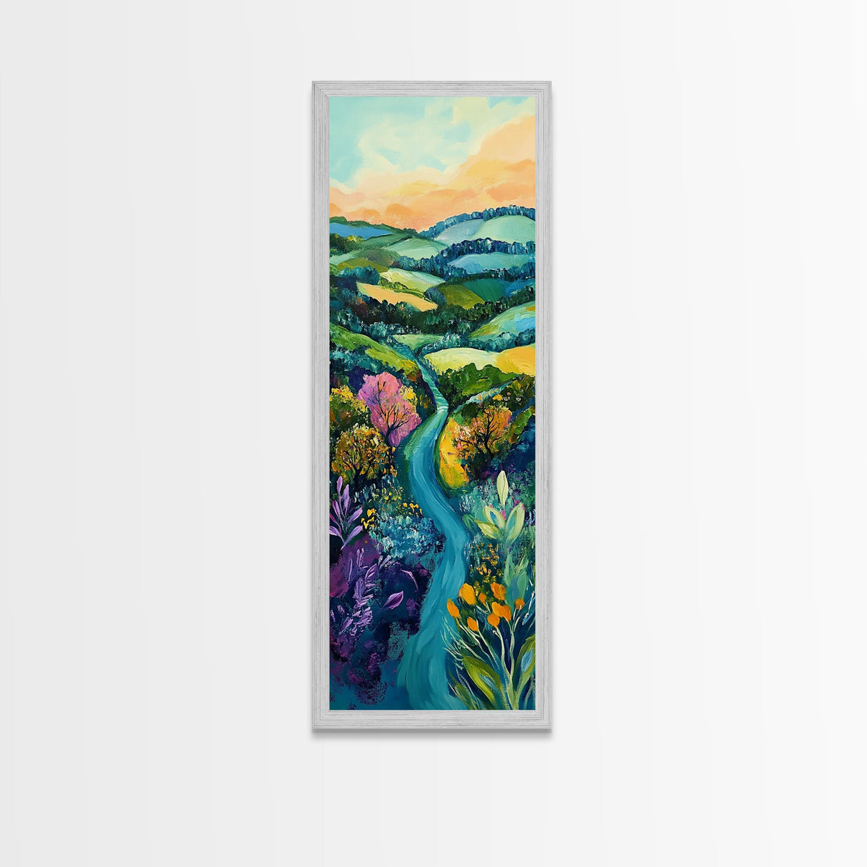Rolling Hills, Ireland painting, wildflower painting, green wall art, farmhouse decor, Framed Canvas Print, landscape painting