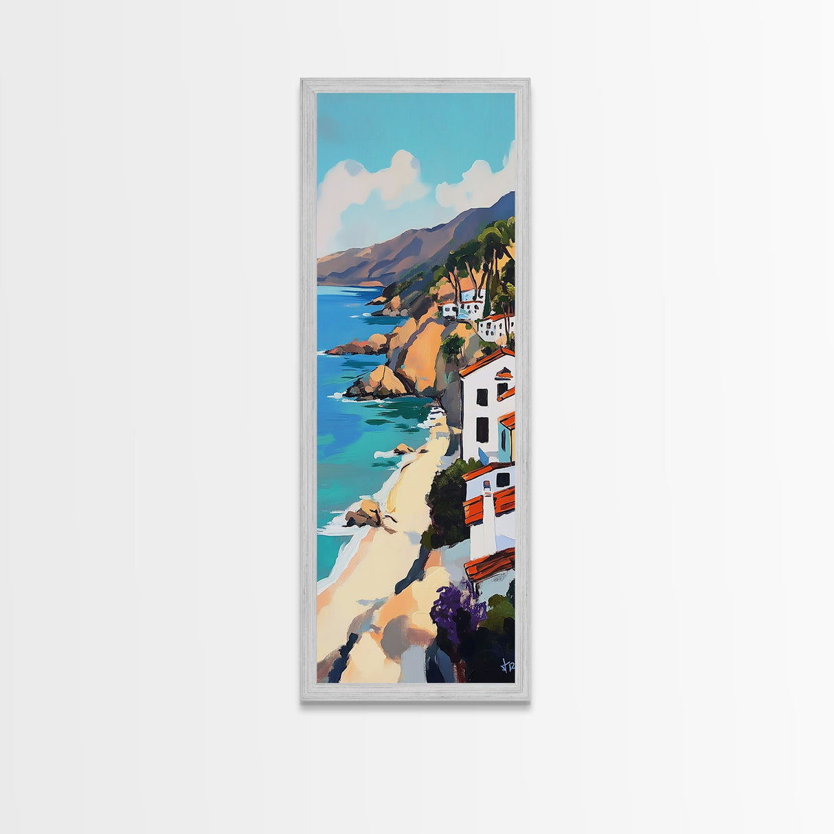 Coastal Retreat, palm tree painting, tropical art, Hawaii art, vacation home decor, Framed Canvas Print, vertical wall art