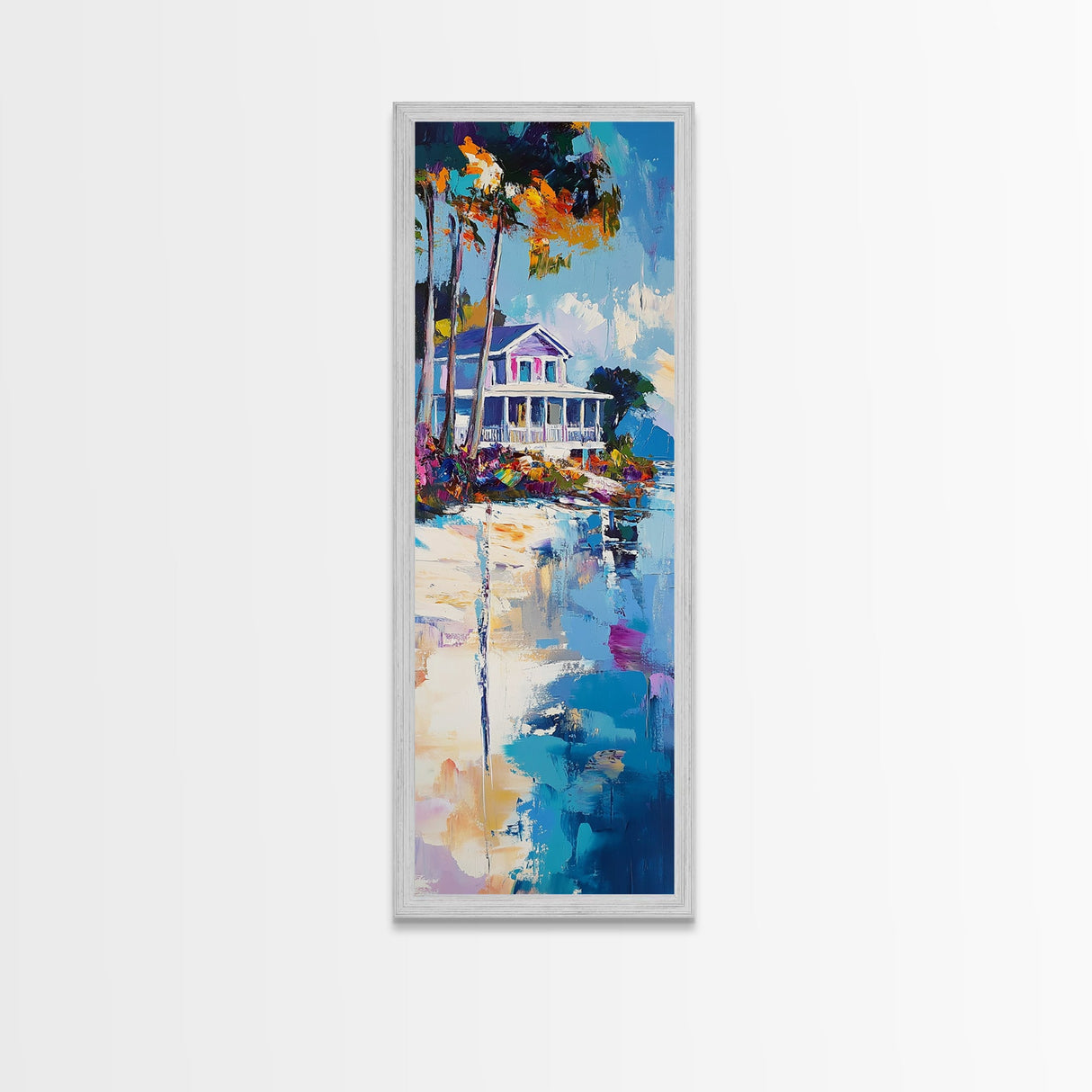 Beach House, Coastal Painting, Vibrant Landscape, Nautical Wall Art, Living Room Art, Above Bed Wall Art, Framed Canvas Print