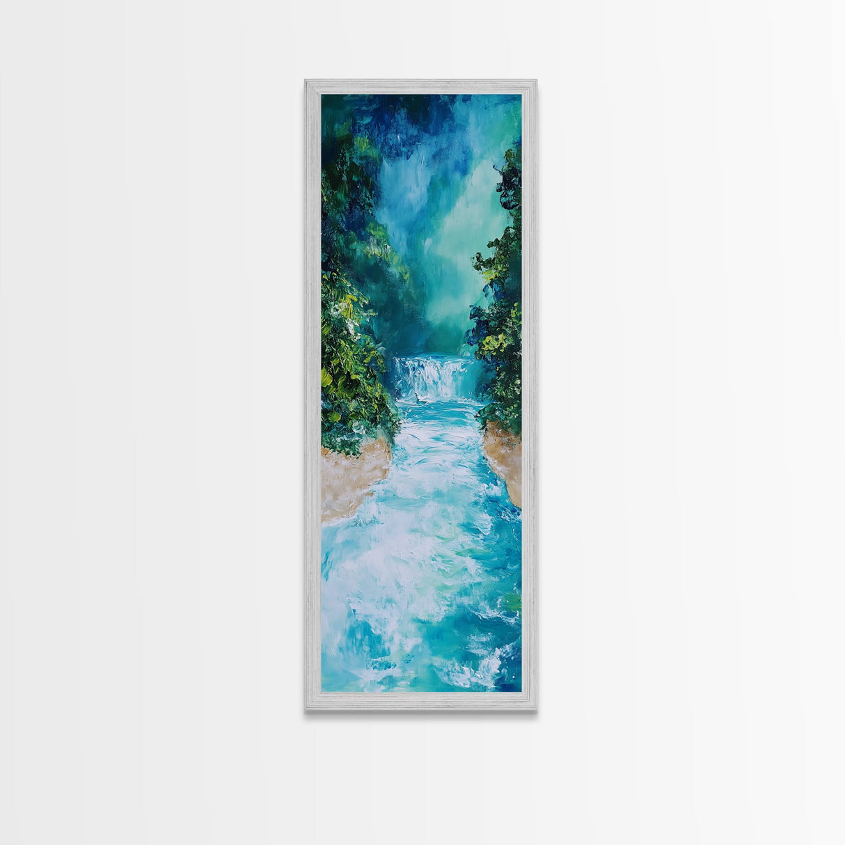 Waterfall Serenity, coastal landscape art, zen wall art, framed canvas print, wabi sabi art, tall narrow art, rustic decor