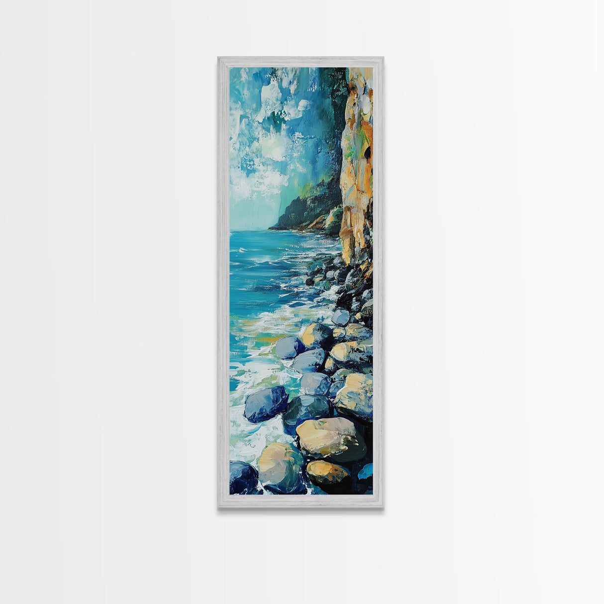 Rocky Shoreline, coastal landscape art, nautical decor, framed canvas print, lake Tahoe art, extra wide art, ocean painting
