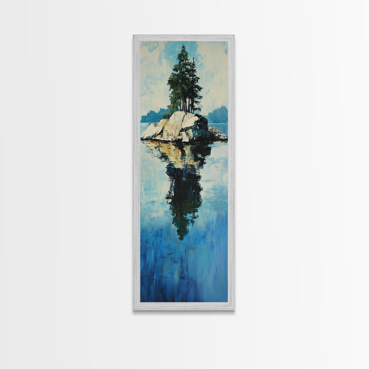 Island Reflection, pine tree art, lake Tahoe art, framed canvas print, nature painting, rustic art, above bed wall art