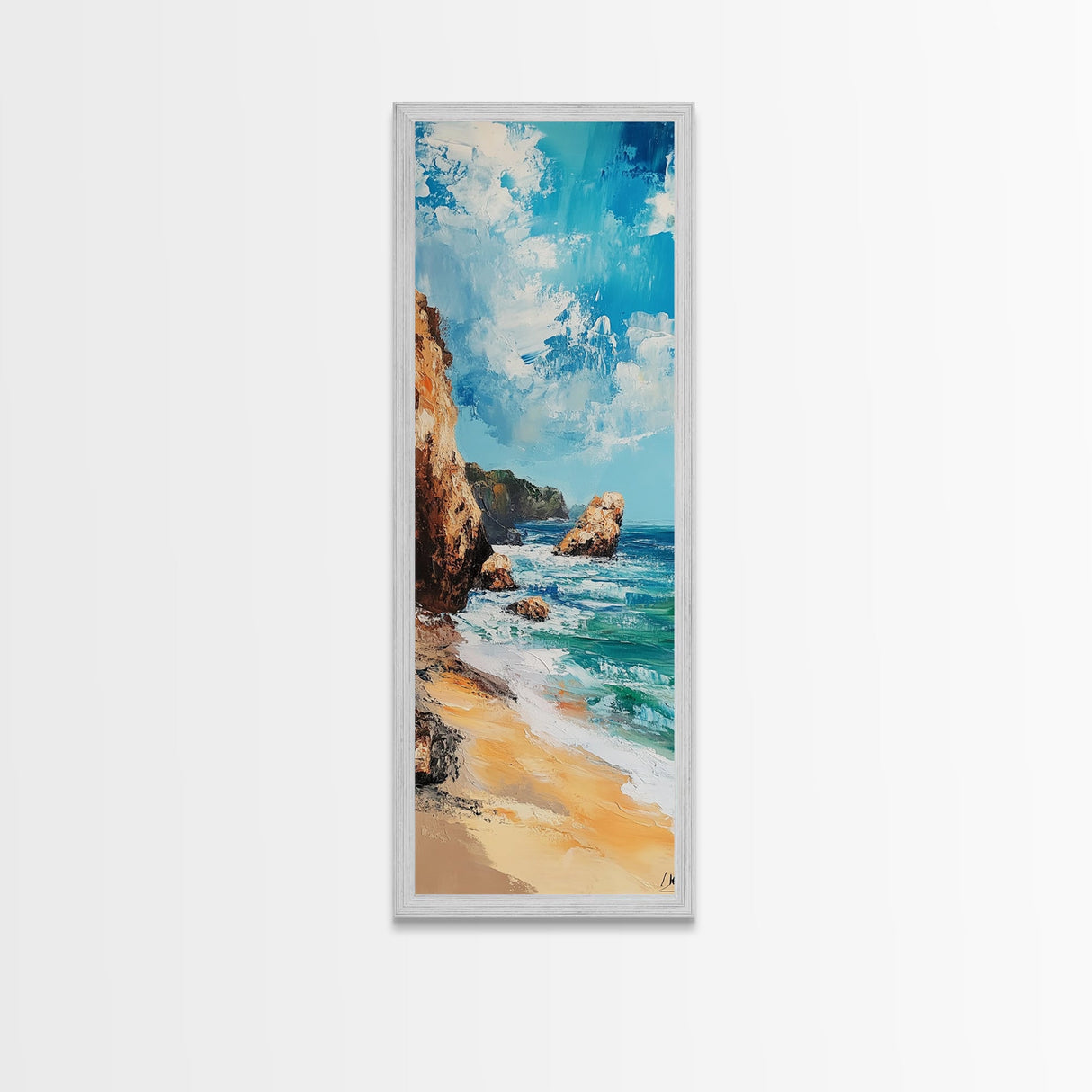 Coastal Beach, Ocean Waves, Rocky Shore, Framed Canvas Print, coastal decor, nautical wall art, seascape painting, rustic art
