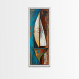 Abstract sailboat, nautical painting, long narrow wall art, framed canvas print, rustic art, extra wide art, blue and green wall art