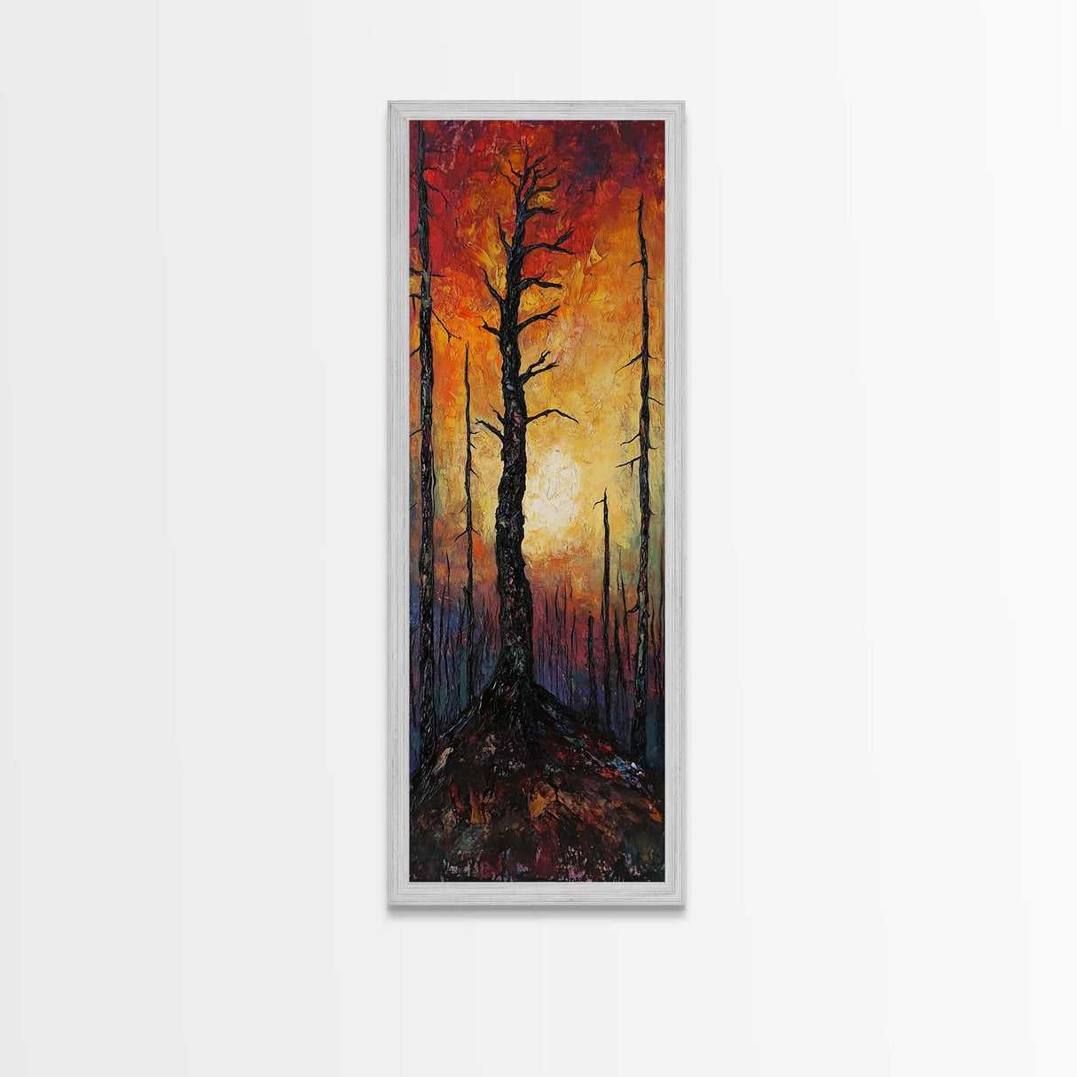 Burnt forest, pine tree art, moody wall art, forest at dusk painting, dark romance painting, autumn art, framed canvas print