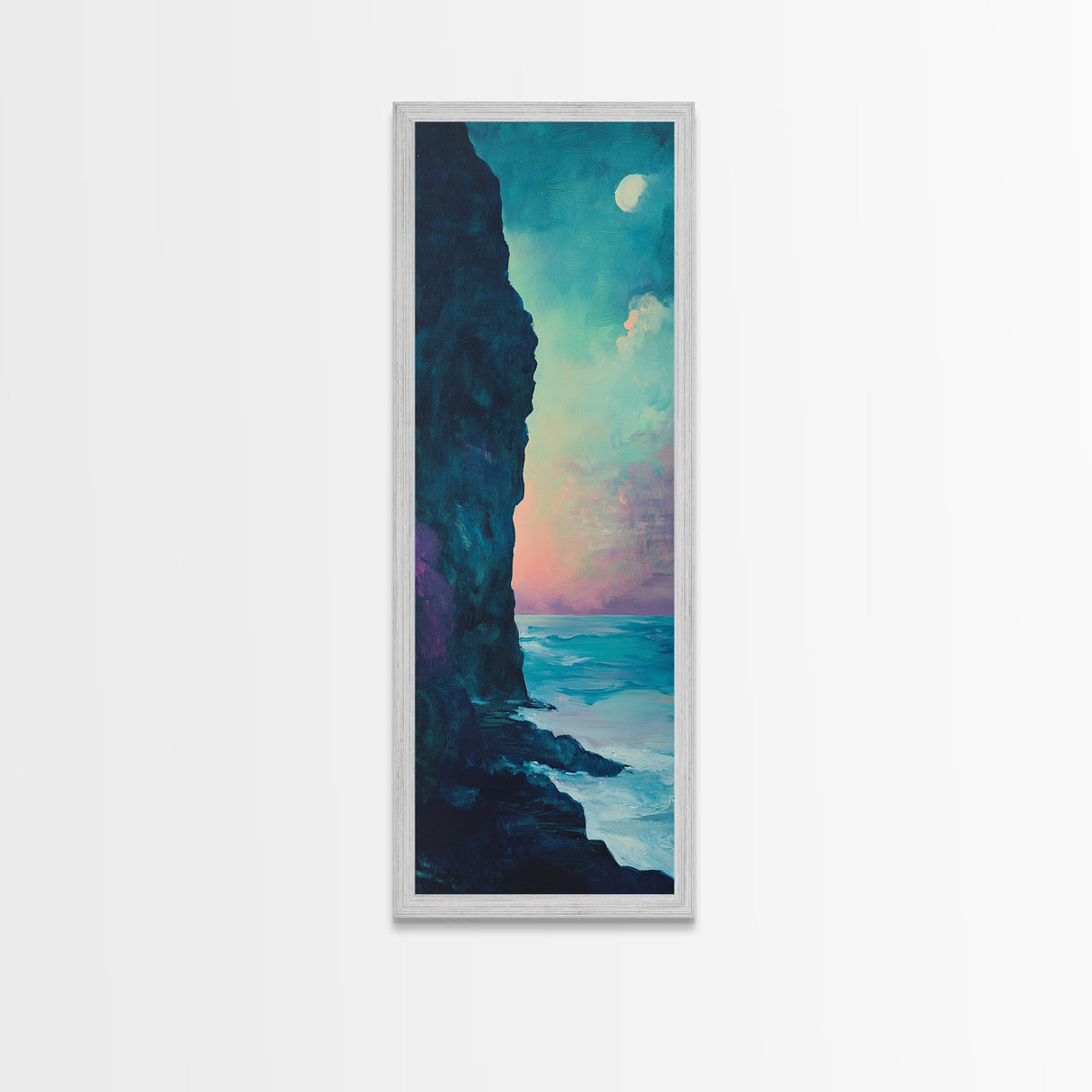 Cliffside Moon Painting, Moody Art, Coastal Wall Art, Landscape Painting, Ocean Art, Framed Canvas Print, Nautical Decor