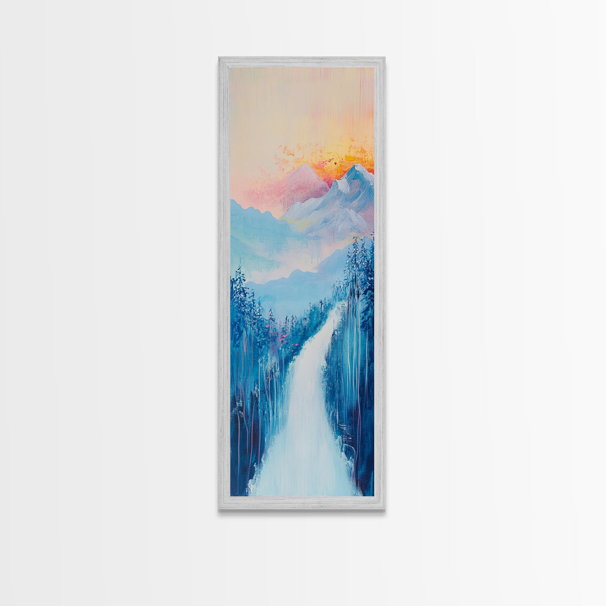 Sunset Over Mountains, pink orange wall art, mountain painting,  framed canvas print, extra wide art
