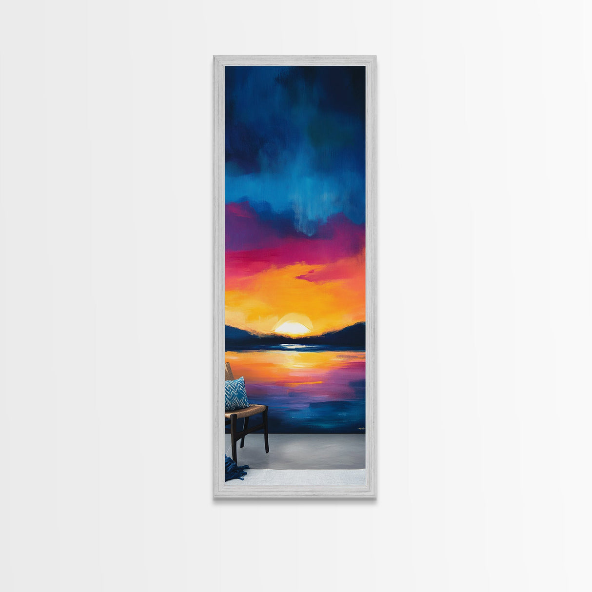 Sunset Over Water, Lake Tahoe Art, Bold Colors, Framed Canvas Print, Tall Narrow Art, Boho Art, Above Bed Wall Art, Panoramic Art
