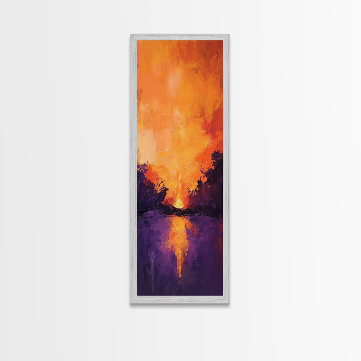 Fiery Sunset Reflection, mountain painting, moody art, forest at dusk painting, pine tree art, framed canvas print, vertical wall art
