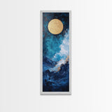 Golden Moon, crashing waves, nautical painting, moody art, coastal wall art, wabi sabi art, framed canvas print, ocean painting