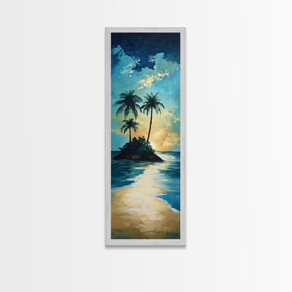Tropical Sunset, palm tree painting, Hawaii art, ocean waves, coastal wall art, nautical decor, framed canvas print