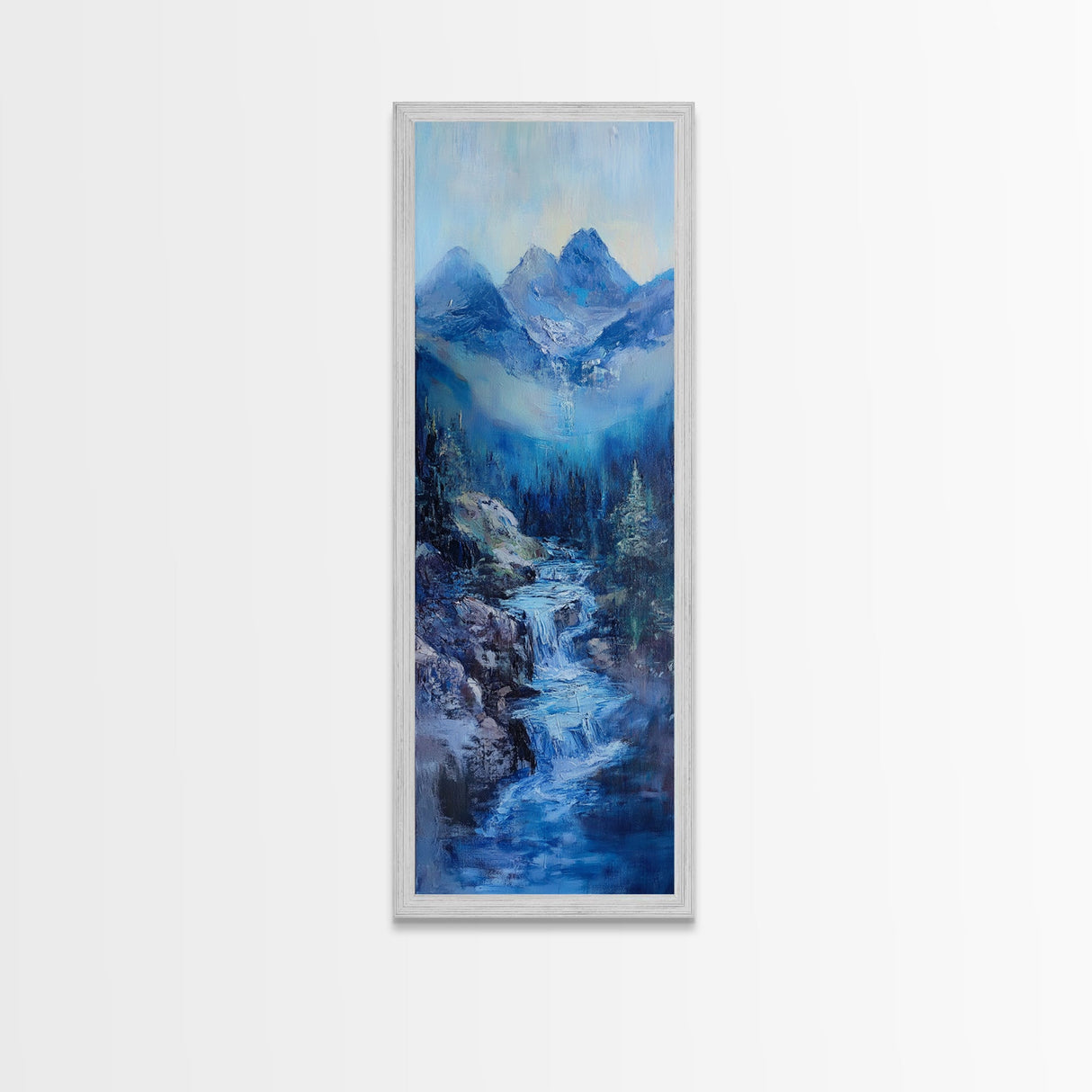 Waterfall Mountain, landscape painting, mountain painting, blue and green wall art, coastal decor, framed canvas print