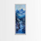 Waterfall Mountain, landscape painting, mountain painting, blue and green wall art, coastal decor, framed canvas print