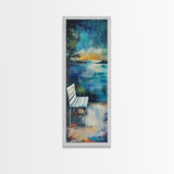 Lakeside Bench, moody art, landscape painting, coastal wall art, rustic decor, farmhouse art, framed canvas print, vertical wall art