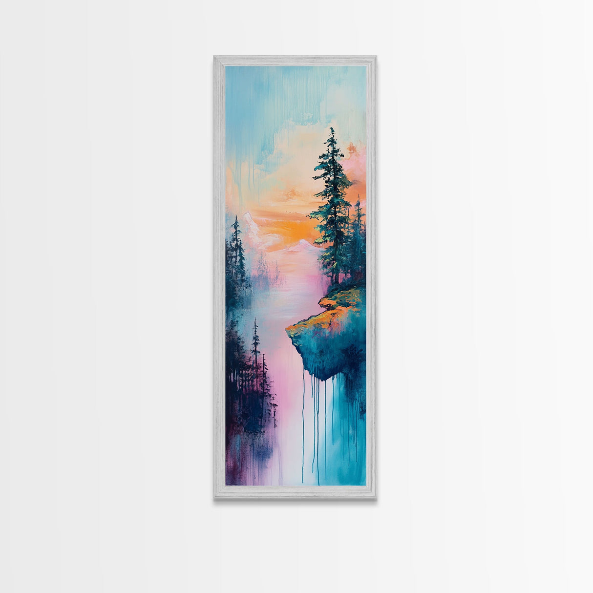 Dreamy Landscape, Pine Tree Art, Mountain Painting, Blue and Green Wall Art, Tall Skinny Art, Framed Canvas Print, Rustic Wall Art