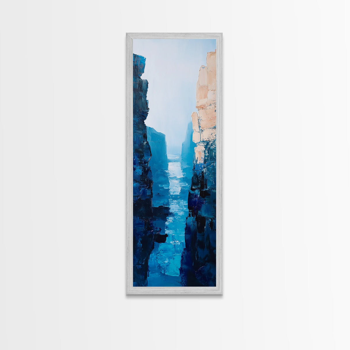 Canyon River View, landscape painting, blue and green wall art, nature lover gift, wabi sabi art, framed canvas print, vertical wall art