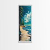 Pine Trees by the Lake, lake Tahoe art, coastal landscape art, pine tree art, nature lover gift, framed canvas print, vertical wall art
