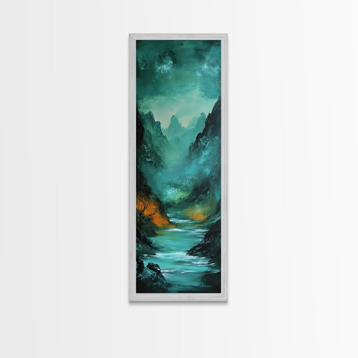Dark Moody Landscape, Mountain Painting, Forest at Dusk Painting, Framed Canvas Print, Rustic Wall Art, Vertical Wall Art