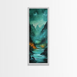 Dark Moody Landscape, Mountain Painting, Forest at Dusk Painting, Framed Canvas Print, Rustic Wall Art, Vertical Wall Art