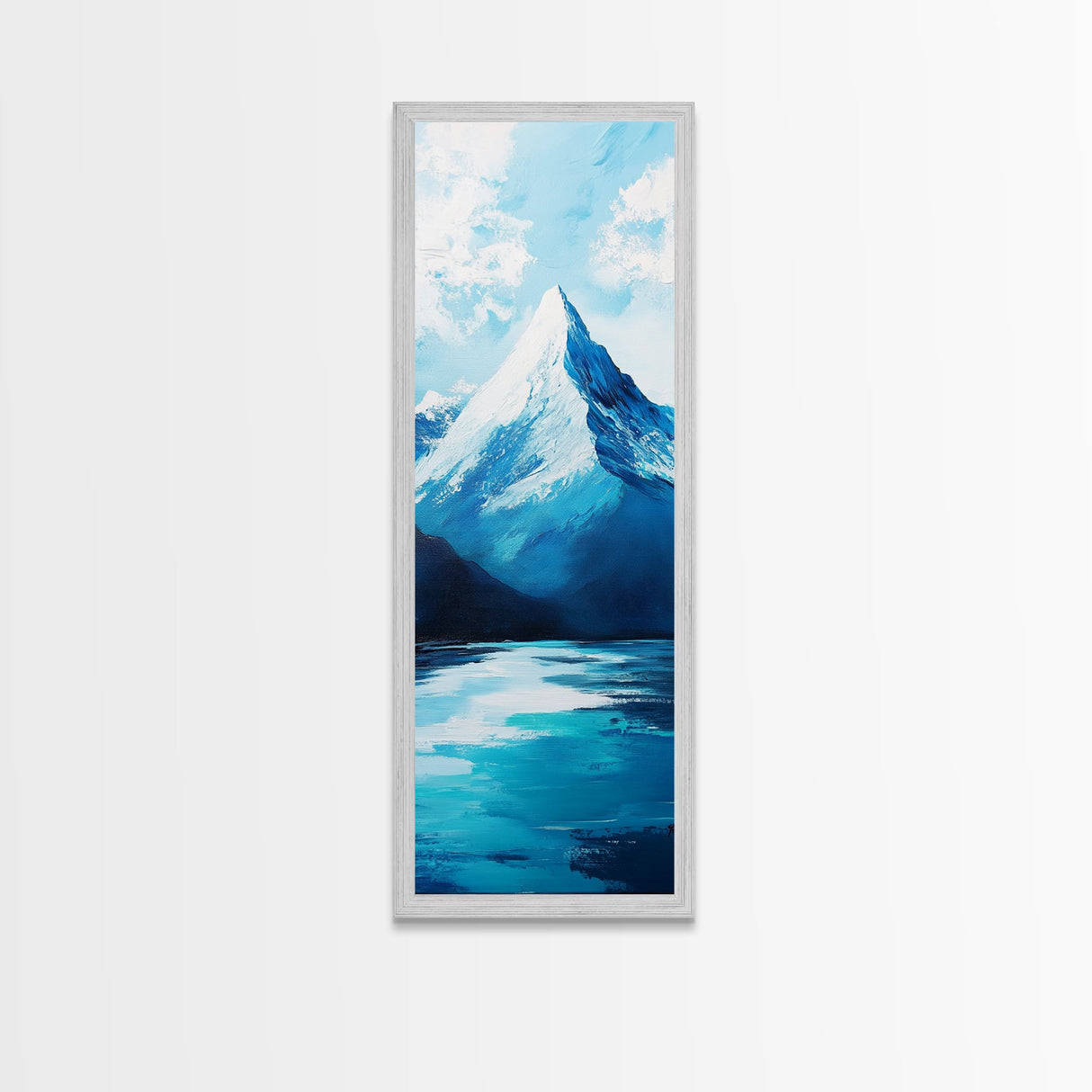 Snowy peak, mountain painting, landscape painting, blue and green wall art, panoramic art, framed canvas print, above sofa art