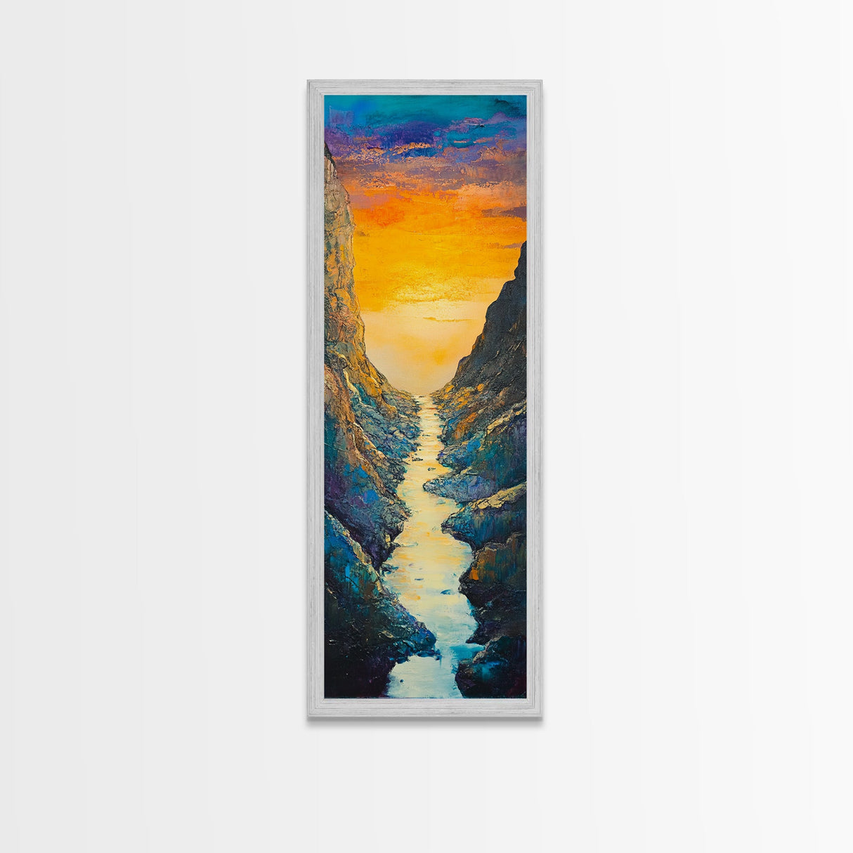Sunset River, mountain painting, vertical wall art, nature art, framed canvas print, above sofa art, extra wide art, rustic decor