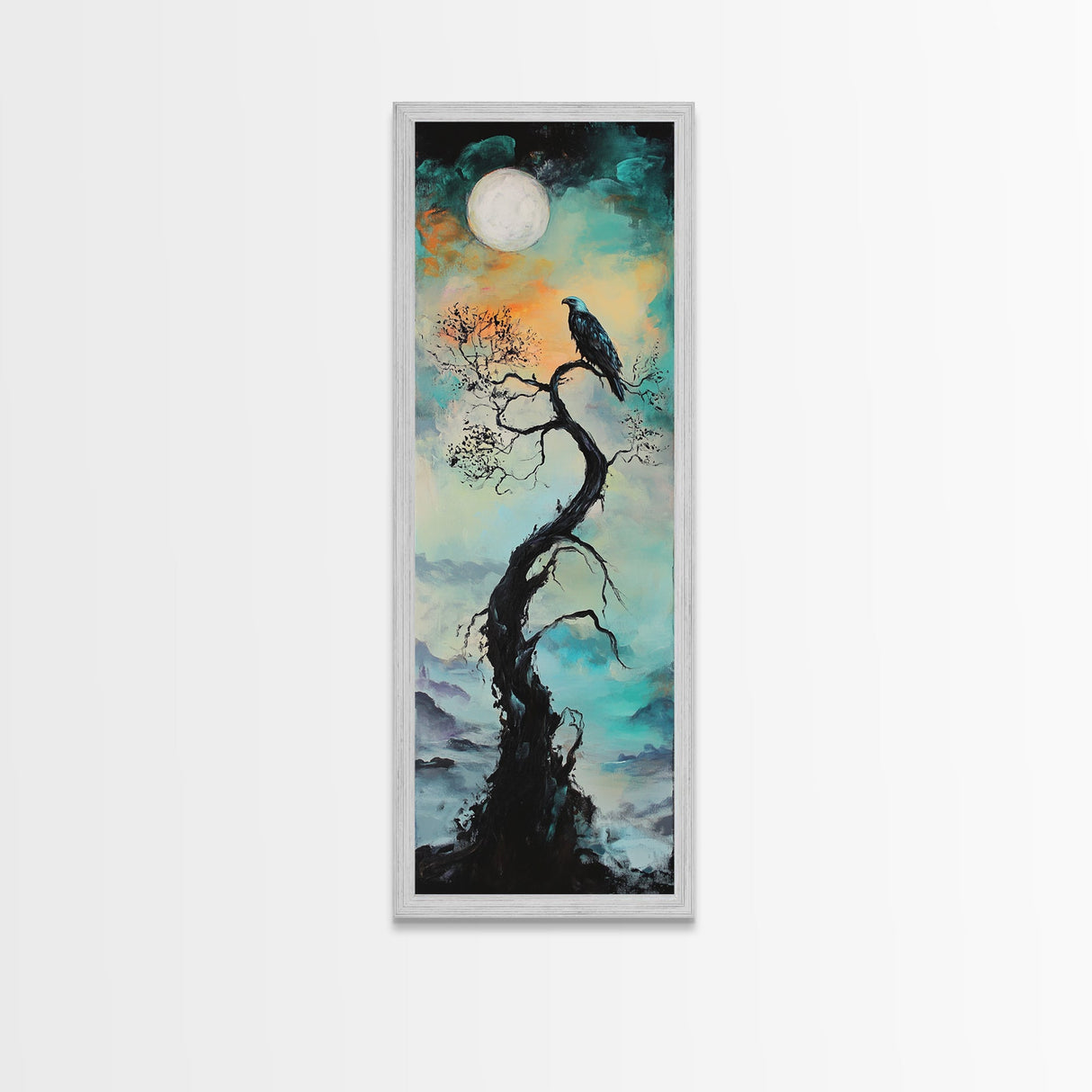Raven Moon, dark angels wall art, framed canvas print, moody art, witch painting, gothic art, above bed wall art, celestial painting