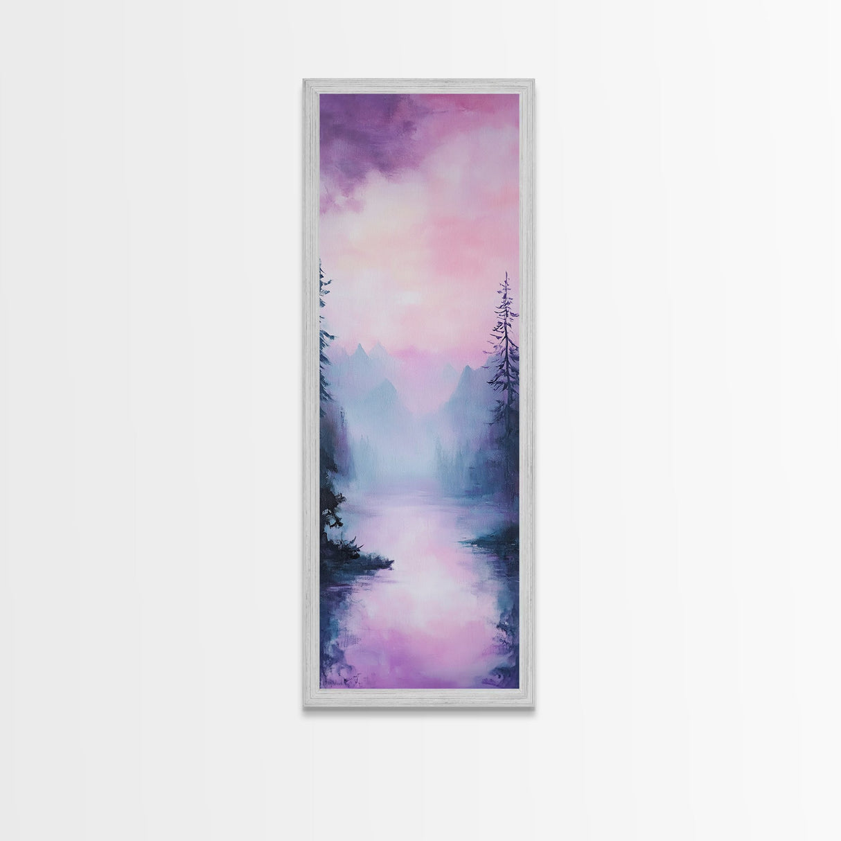 Misty Mountains, smoky mountain art, light pink wall art, framed canvas print, soft pastel art, pine tree art, above couch art