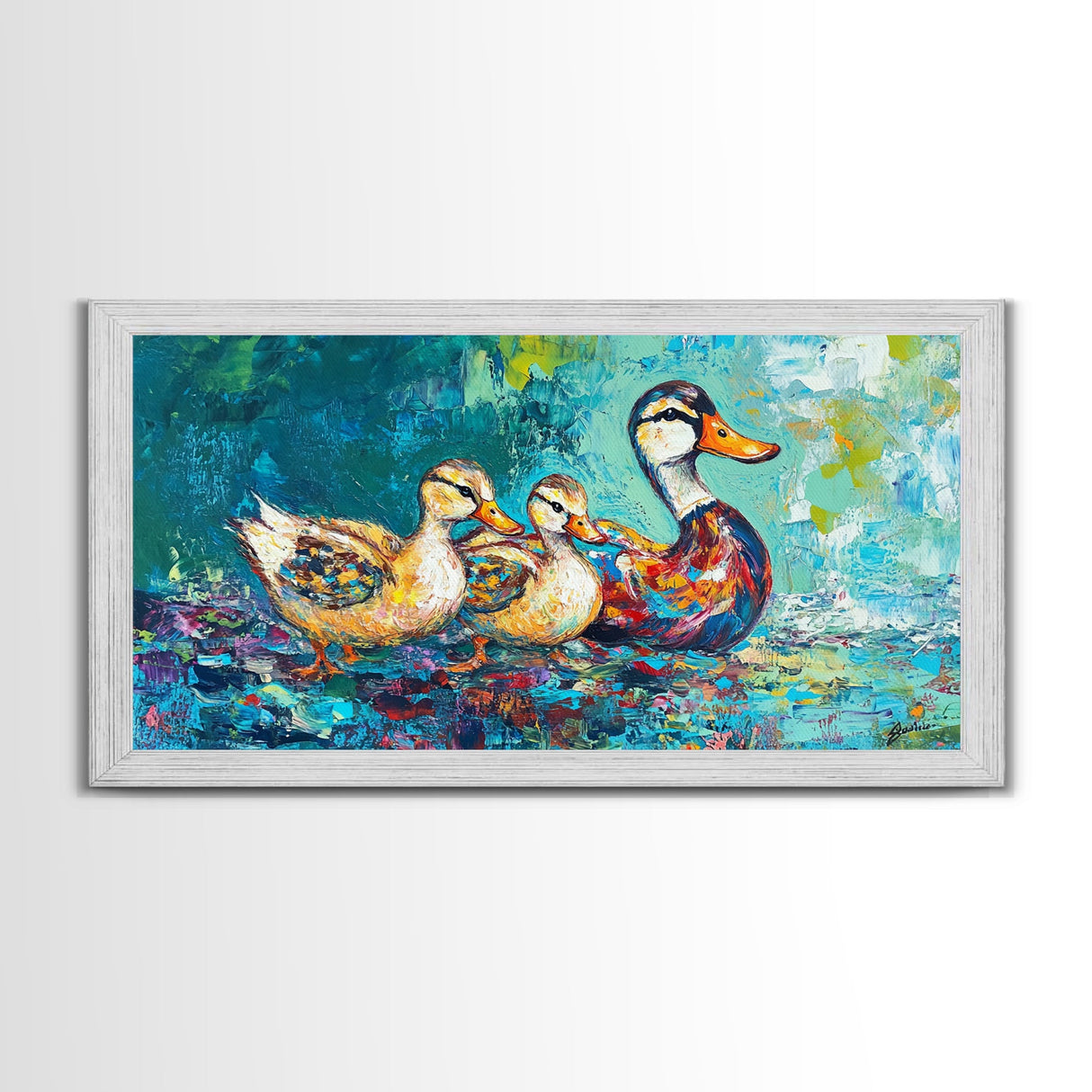 Duck Family, bird art, whimsical art, teal wall art, gift idea for her, landscape painting, extra wide art, Framed Canvas Print