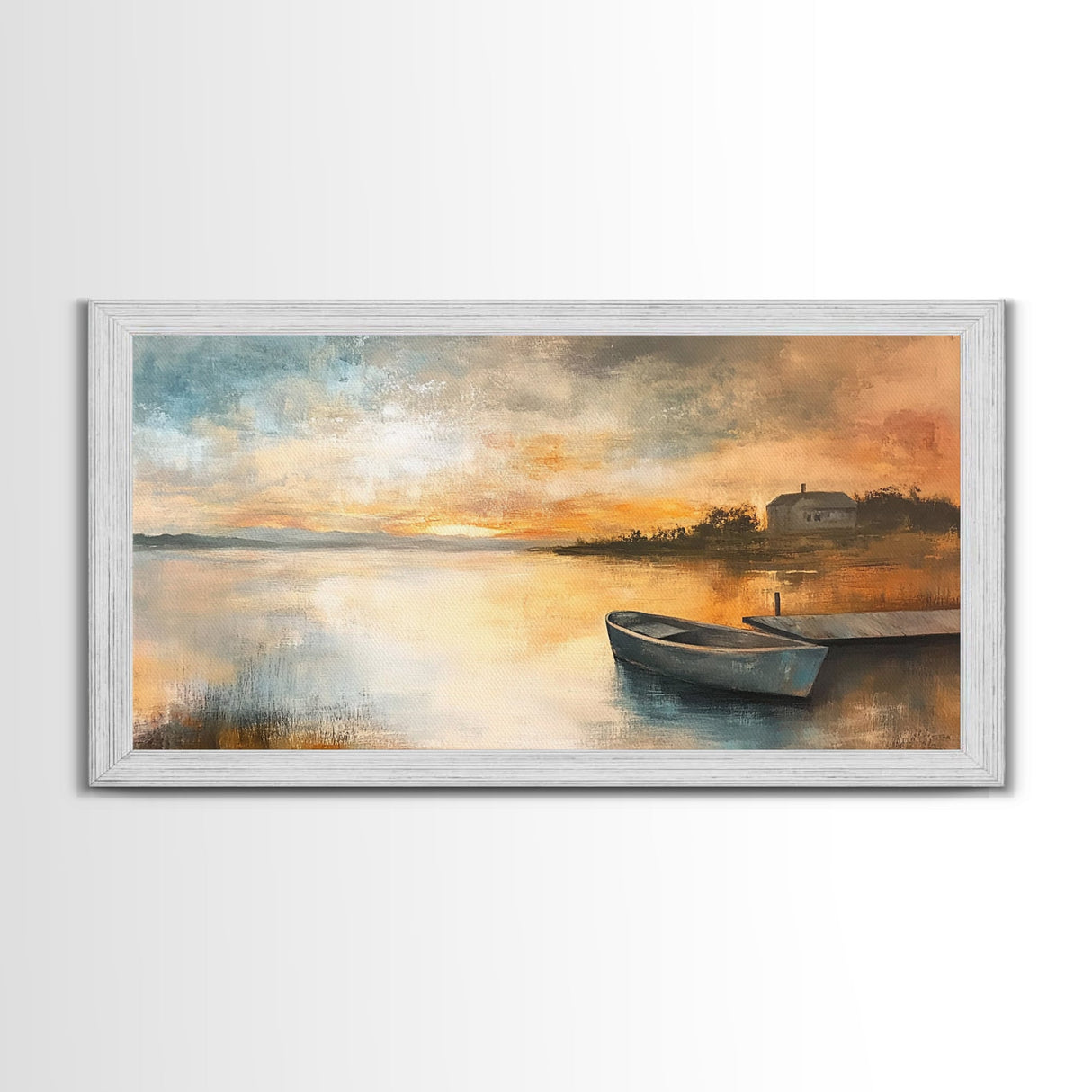 Sunset Reflection, lake painting, rustic decor, nautical painting, seascape painting, extra wide art, Canvas Print, landscape painting