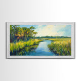 Marshland View, palm tree painting, tropical landscape, coastal decor, green wall art, rustic wall art, Framed Canvas Print