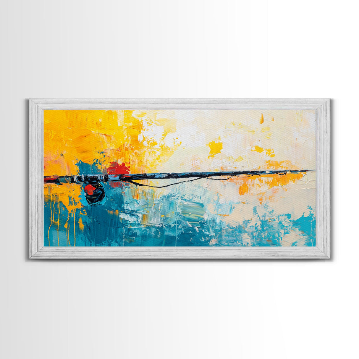 Fishing Rod, fly fishing art, nautical painting, coastal cowgirl wall art, rustic decor, blue and gold wall art, Framed Canvas Print