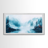 Misty Mountains, pine tree art, wabi sabi wall art, smoky mountain art, panoramic painting, nature painting, Framed Canvas Print