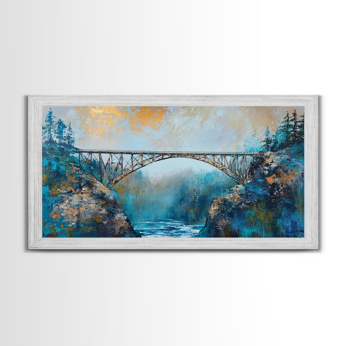 Steel Bridge, landscape painting, mountain painting, panoramic painting, framed canvas print, blue and green wall art
