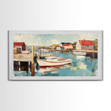 Harbor Boats, Nantucket painting, coastal painting, nautical wall art, fisherman painting, framed canvas print, extra wide art