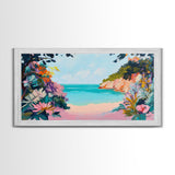 Tropical Beach, coastal wall art, Hawaii art, pink orange wall art, extra wide art, panoramic painting, framed canvas print