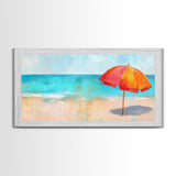 Beach Umbrella, Coastal Decor, Nautical Wall Art, Seascape Painting, Ocean Painting, Extra Wide Art, Framed Canvas Print, Beach House Art
