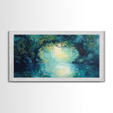 Mystical River, Framed Canvas Print, landscape painting, moody art, forest at dusk painting, teal wall art, extra wide art