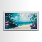 Tropical Beach, Framed Canvas Print, coastal painting, palm tree painting, Hawaii art, nautical decor, coastal wall art