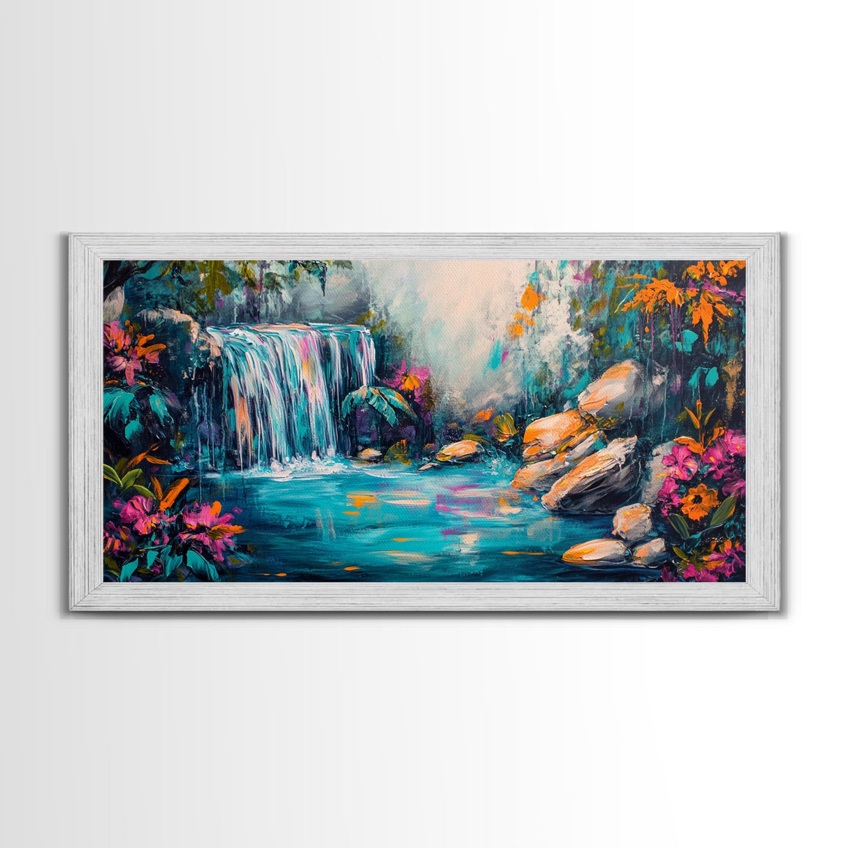 Vibrant Waterfall, Canvas Print, landscape painting, moody art, tropical art, teal wall art, extra wide art, rustic decor