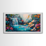 Vibrant Waterfall, Canvas Print, landscape painting, moody art, tropical art, teal wall art, extra wide art, rustic decor