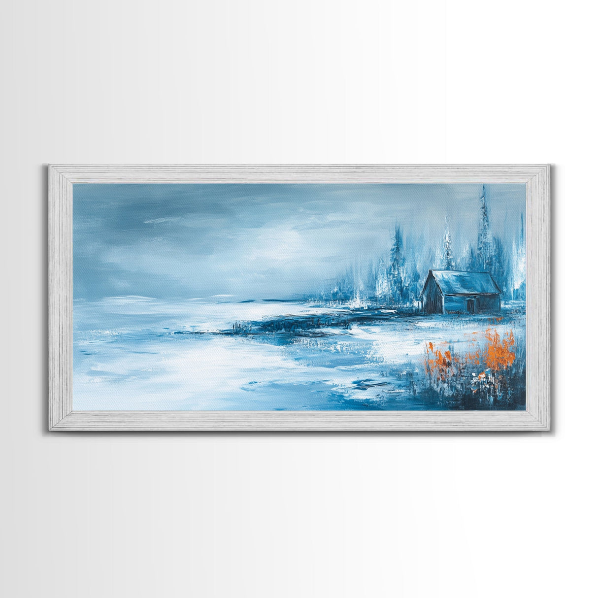 Winter Cabin, Framed Canvas Print, landscape painting, rustic decor, farmhouse art, moody art, above couch art, extra wide art