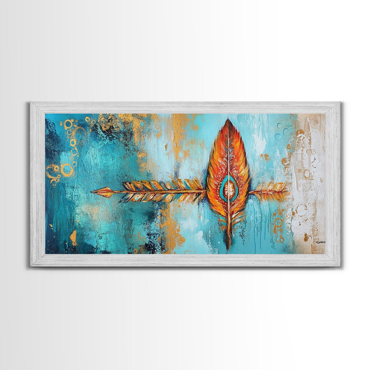 Tribal Arrow, Framed Canvas Print, geometric wall art, teal wall art, sacred geometry wall art, boho art, extra wide art