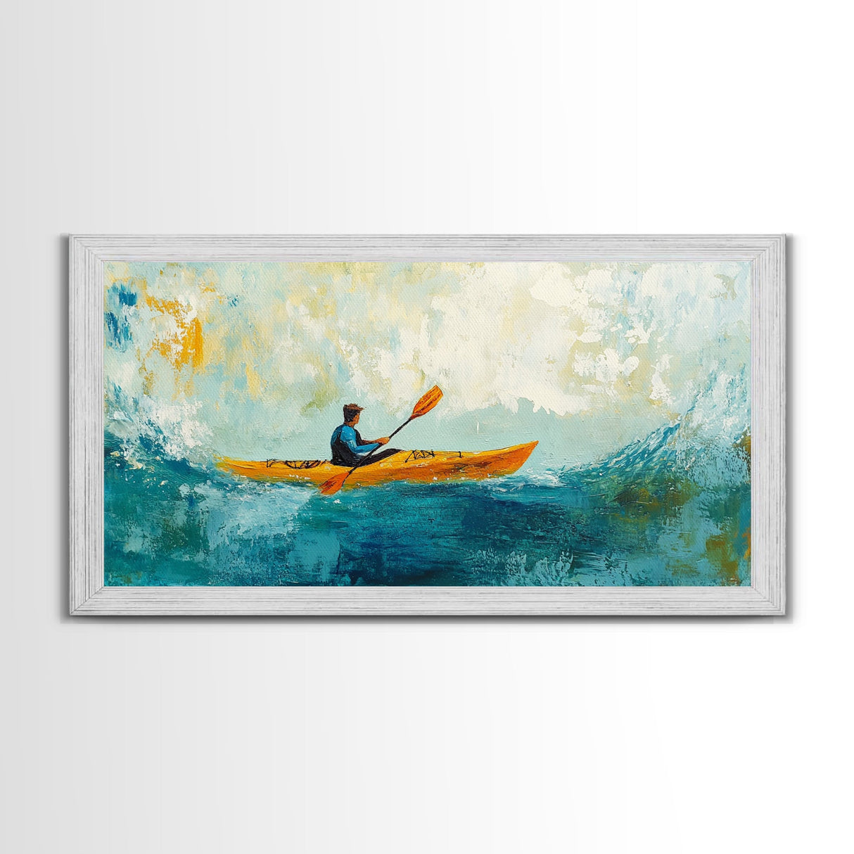 Kayaker at Sea, Canvas Print, fisherman painting, coastal painting, seascape painting, nautical decor, surf wall art, extra wide art