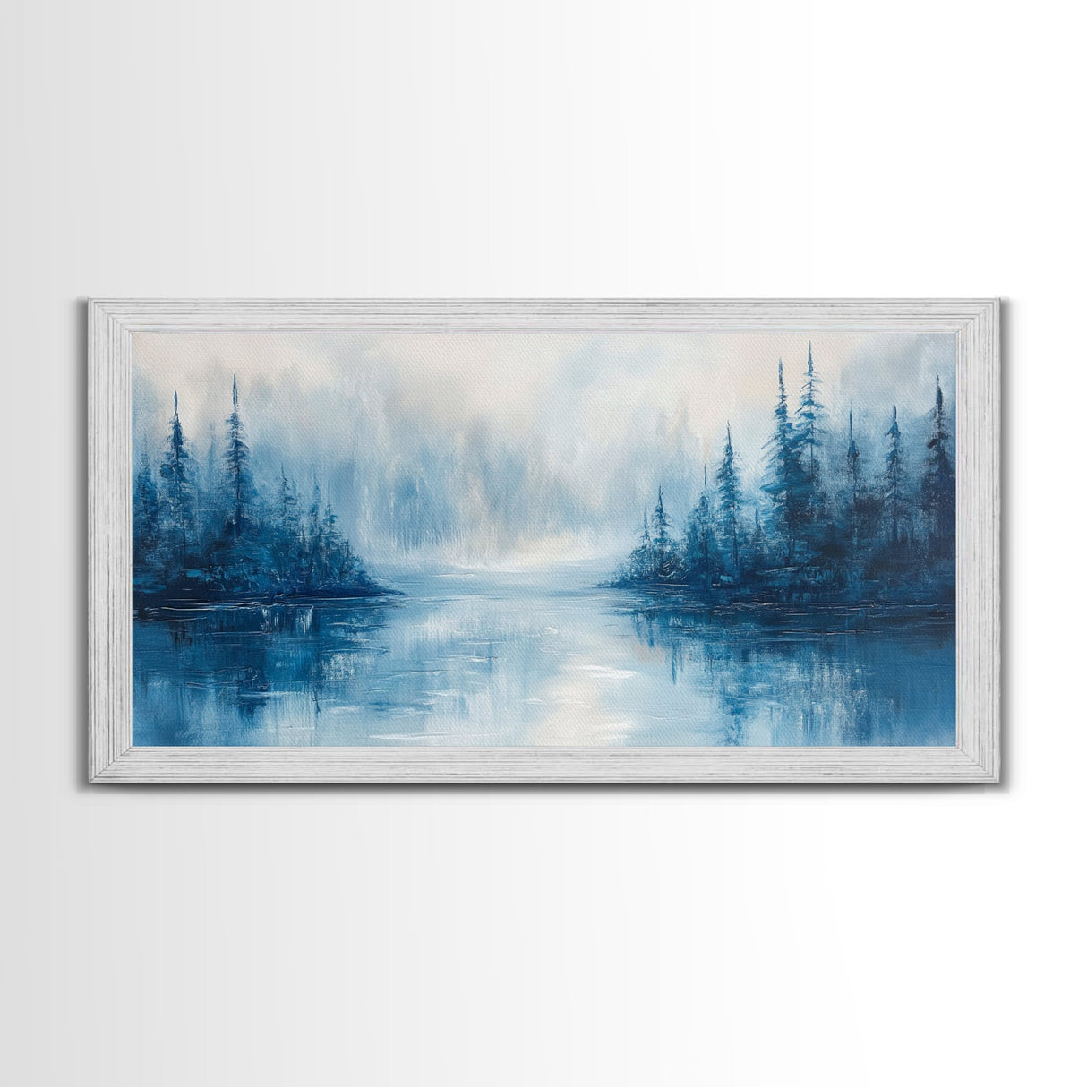 Misty Lake Scene, Moody Art, Pine Tree Art, Landscape Painting, Framed Canvas Print, Bedroom Art, Above Bed Wall Art