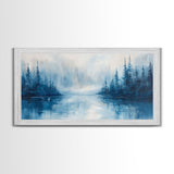 Misty Lake Scene, Moody Art, Pine Tree Art, Landscape Painting, Framed Canvas Print, Bedroom Art, Above Bed Wall Art
